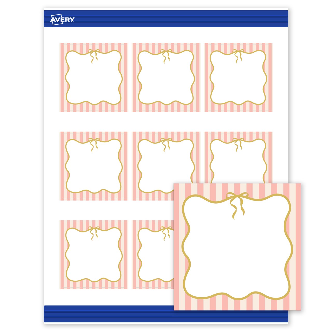 Avery Printable Square Business Cards, 2.5" x 2.5", Matte White, Pre-printed Pink Stripes/Metallic Gold Bow Design, Sure Feed Technology, Laser & Inkjet Compatible, 180 Total